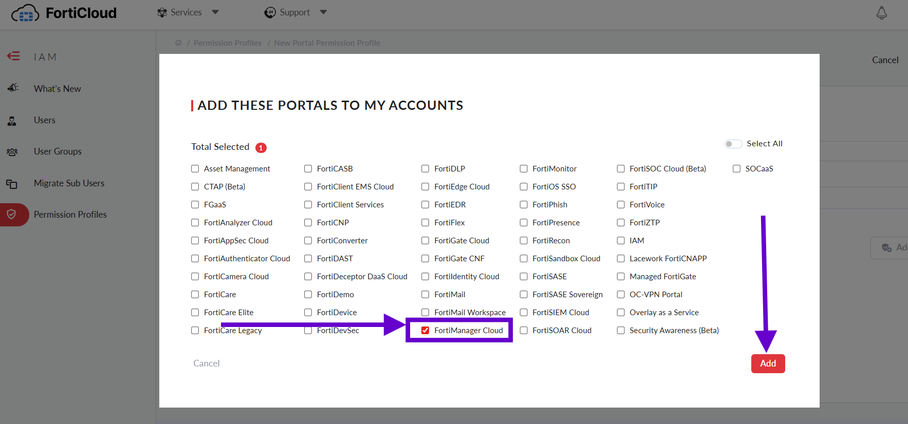 FortiCloud IAM select portals